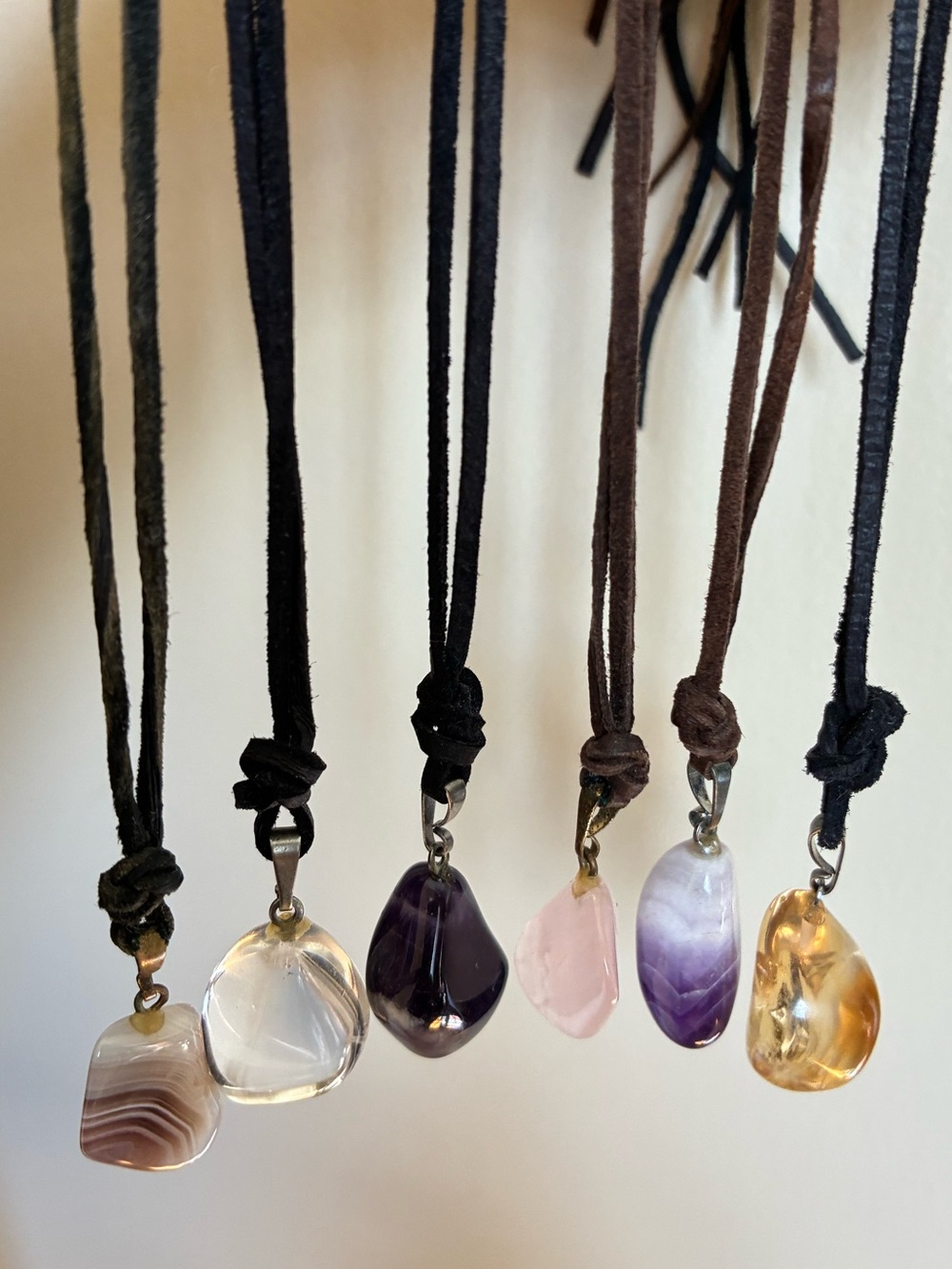 Set of 6 Handmade Semi-Precious Stone Pendant Necklaces Adjustable Leather Cord